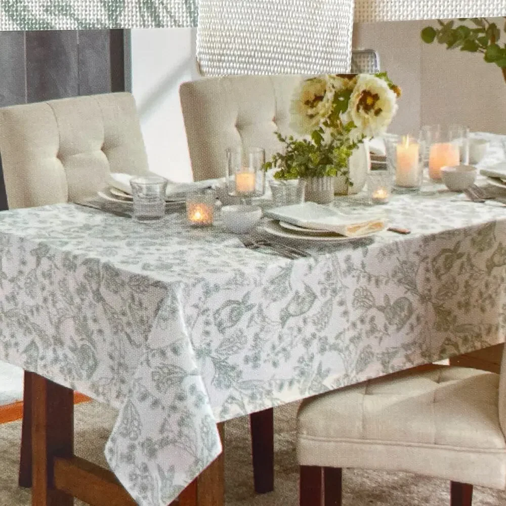 Tahari Floral Bunny Tablecloth 60x120 Sage Green & White Easter Decor NEW